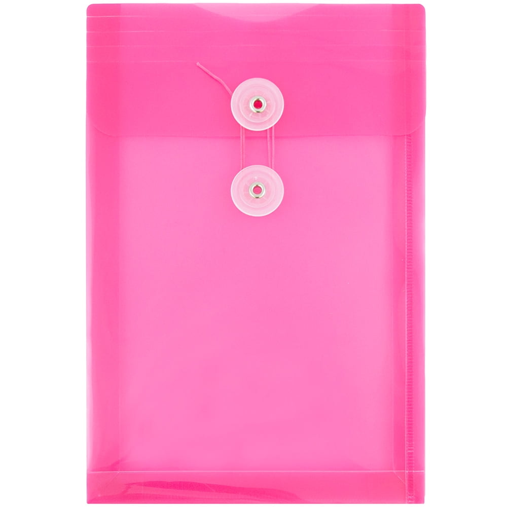 JAM Paper Plastic Envelopes with Button & String Tie Closure, 6 1/4 x 9 1/4, Fuchsia Pink, 3/Pack