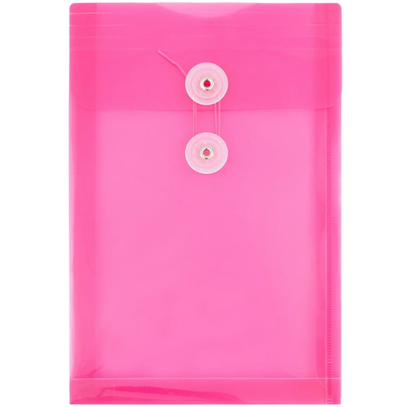 JAM Paper Plastic Envelopes with Button & String Tie Closure, 6 1/4 x 9 1/4, Fuchsia Pink, 3/Pack