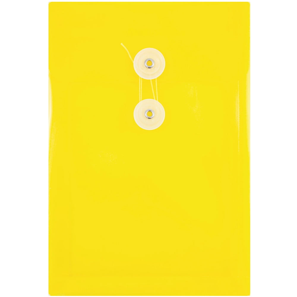 JAM Paper Plastic Envelopes with Button & String Tie Closure, 6 1/4 x 9 1/4, Yellow, 3/Pack