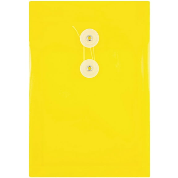 JAM Paper Plastic Envelopes with Button & String Tie Closure, 6 1/4 x 9 1/4, Yellow, 3/Pack