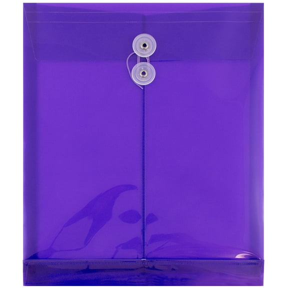 JAM Paper Plastic Envelopes with Button & String Tie Closure, Letter Open End, 9 3/4" x 1 1/4" x 11 3/4", Bright Purple, 12/pack