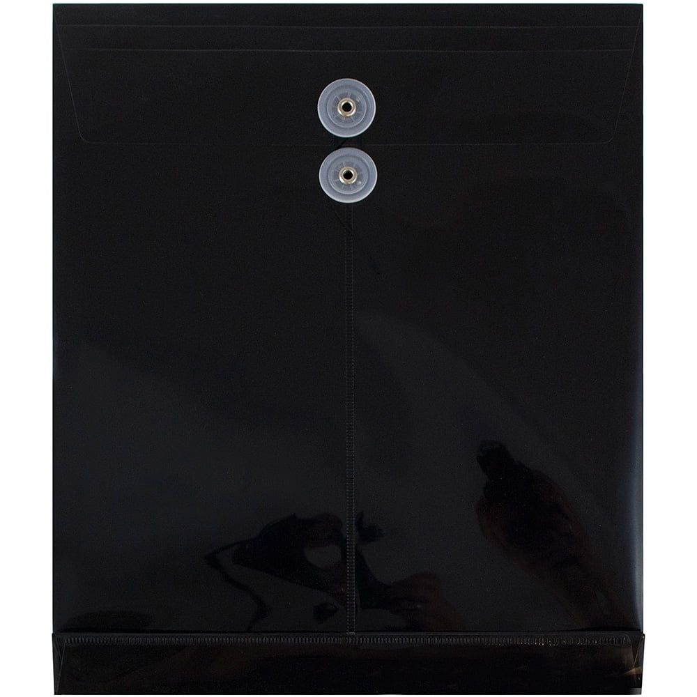 JAM Paper Plastic Envelopes with Button & String Tie Closure, Letter Open End, 9 3/4" x 11 3/4", Black, 108/pack