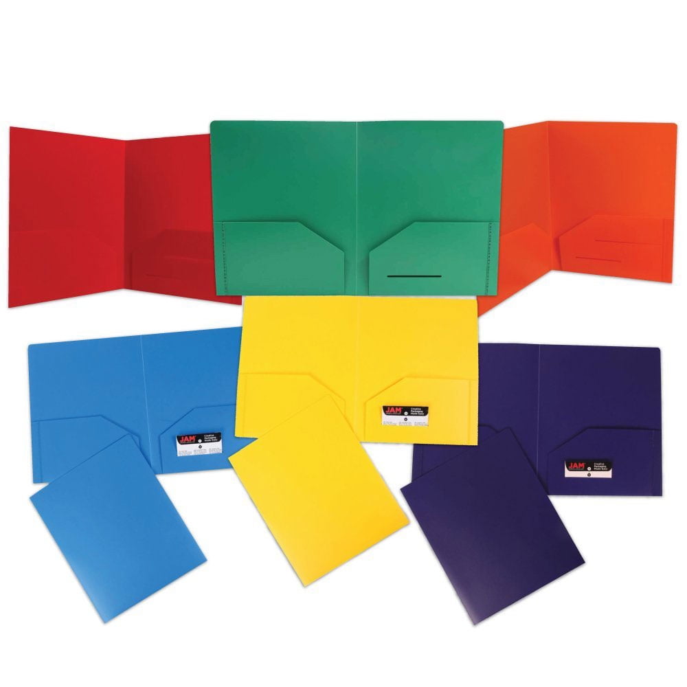 JAM Paper Plastic Heavy Duty Plastic 2 Pocket School Presentation Folders, Assorted Primary Colors, 12/pack