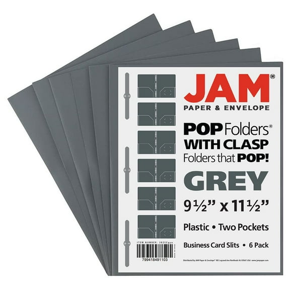 JAM Paper Plastic School POP Folders with Metal Fastener Clasps, Gray, 6 per Pack