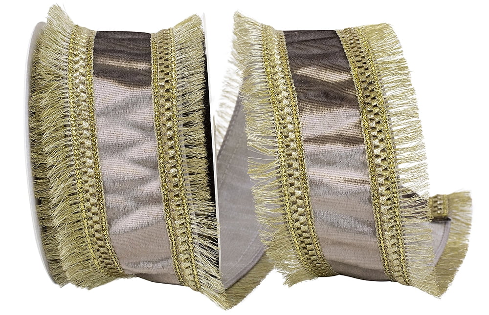 JAM Paper Plush Velvet Jeweled Fringe Wired Edge Ribbon, Champagne, 2.5in x 5yd, 1 per Pack