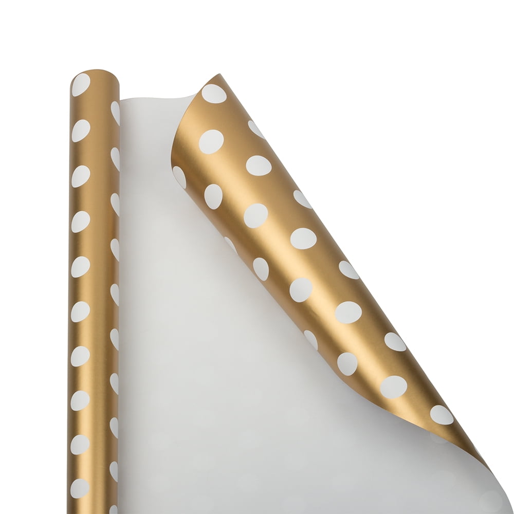 JAM Paper Polka Dot Wrapping Paper, 50 Sq. ft Total, Gold with White Dots, 2 Rolls