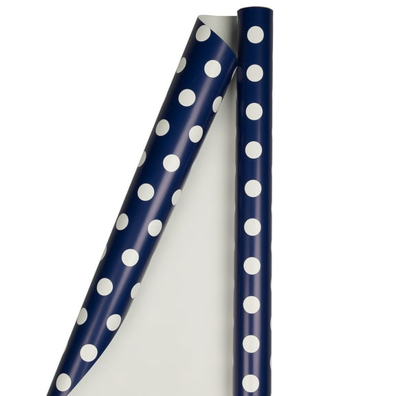 JAM Paper Polka Dot Wrapping Paper, 50 Sq. ft Total, Navy Blue with White Dots, 2 Rolls