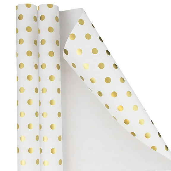 JAM Paper Polka Dot Wrapping Paper, 50 Sq. ft Total White with Gold Foil Dots, 2 per Pack