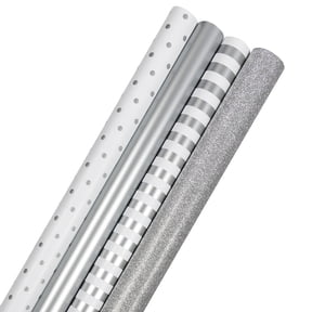 JAM Paper Preminum Holiday Wrapping Pape Set, Evyething Silver, 100 Sq ft total, 4 Rolls