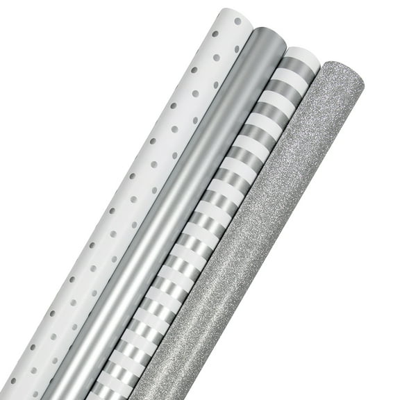 JAM Paper Preminum Holiday Wrapping Pape Set, Evyething Silver, 100 Sq ft total, 4 Rolls
