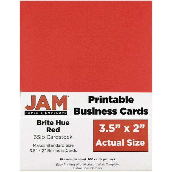 JAM Paper Printable Business Cards, 3.5x2, Red, 100/Pack