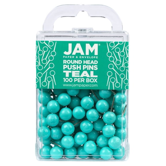 JAM Paper Push Pins, Round Head Map Thumb Tacks, Teal Blue, 100/Pack