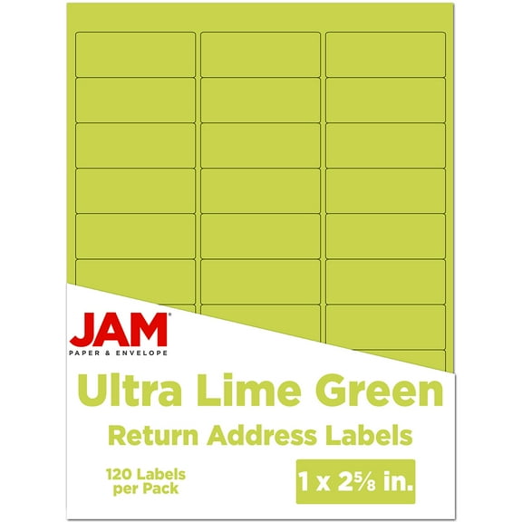 JAM Paper Return Address Labels, 1 x 2 5/8, Lime Green, 120 per Pack
