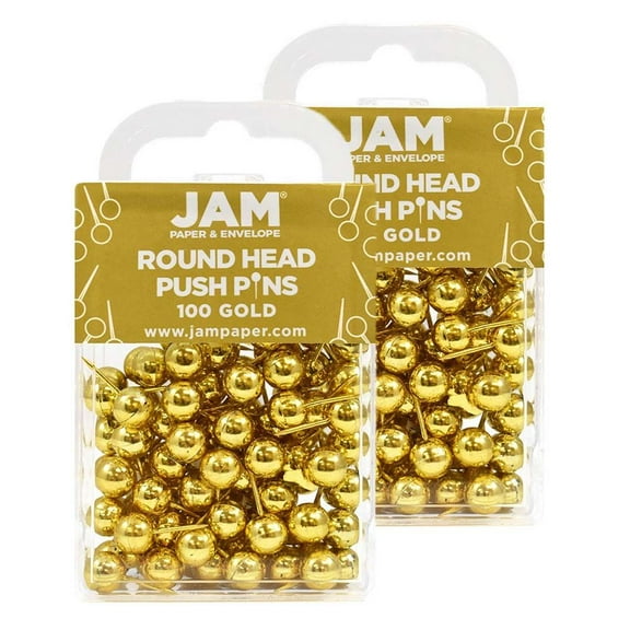 JAM Paper Round Head Push Pins, Gold Pushpins, 200/Pack