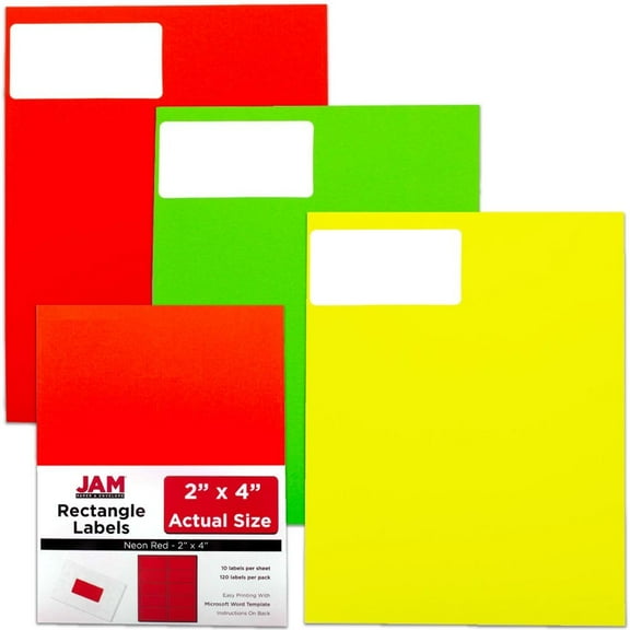 JAM Paper Shipping Address Labels, 2 x 4, Assorted Neon Fluorescent, 6 Packs of 20 Labels