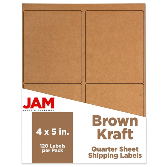 JAM Paper Shipping Address Labels, Quarter Page, 4 x 5, Brown Kraft, 120 per Pack