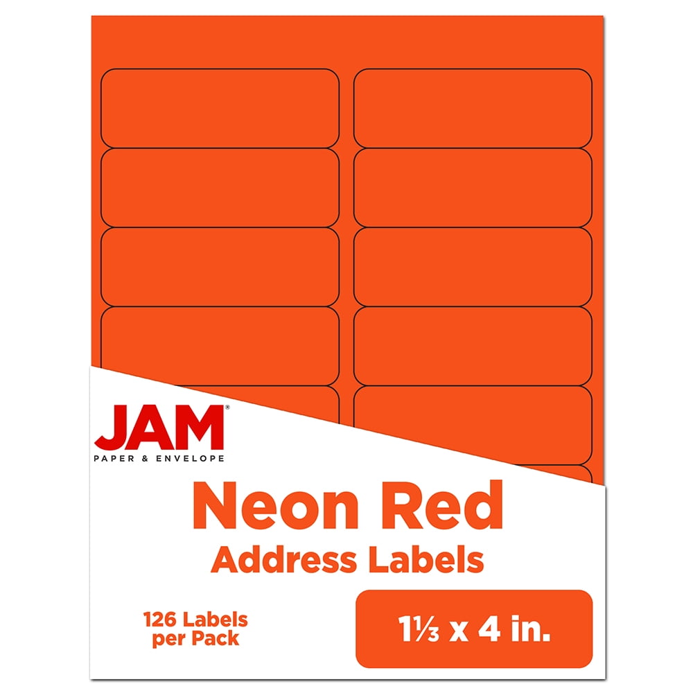JAM Paper Shipping Address Labels, Rectangular, 1 1/3 x 4, Neon Deep Red, 126 per Pack