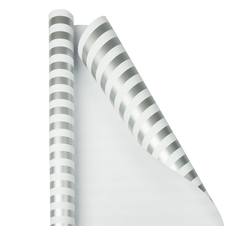 JAM Paper Silver & White Stripe Wrapping Paper, All Occasion, 25 Sq. ft,  1/Pack 
