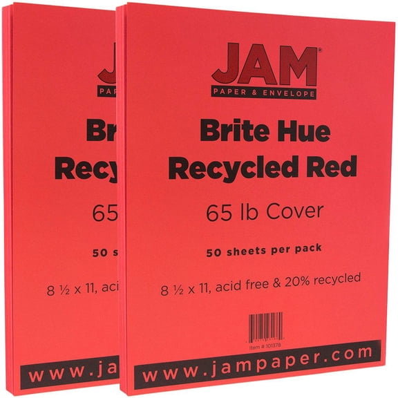 JAM Paper Solid Colors, 8 1/2 x 11, Ruby Red, 65lb, 100 per Pack