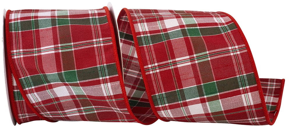 JAM Paper Spearmint Plaid Dupioni Wired Edge Ribbon, Red & White, 4in x 10yd, 1 per Pack