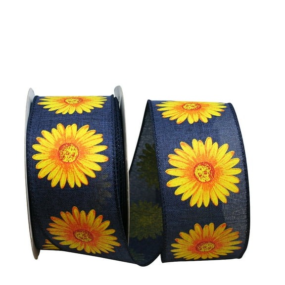 JAM Paper Spring Daisy Denim All Occasion Blue Polyester Ribbon, 720" x 2.5"