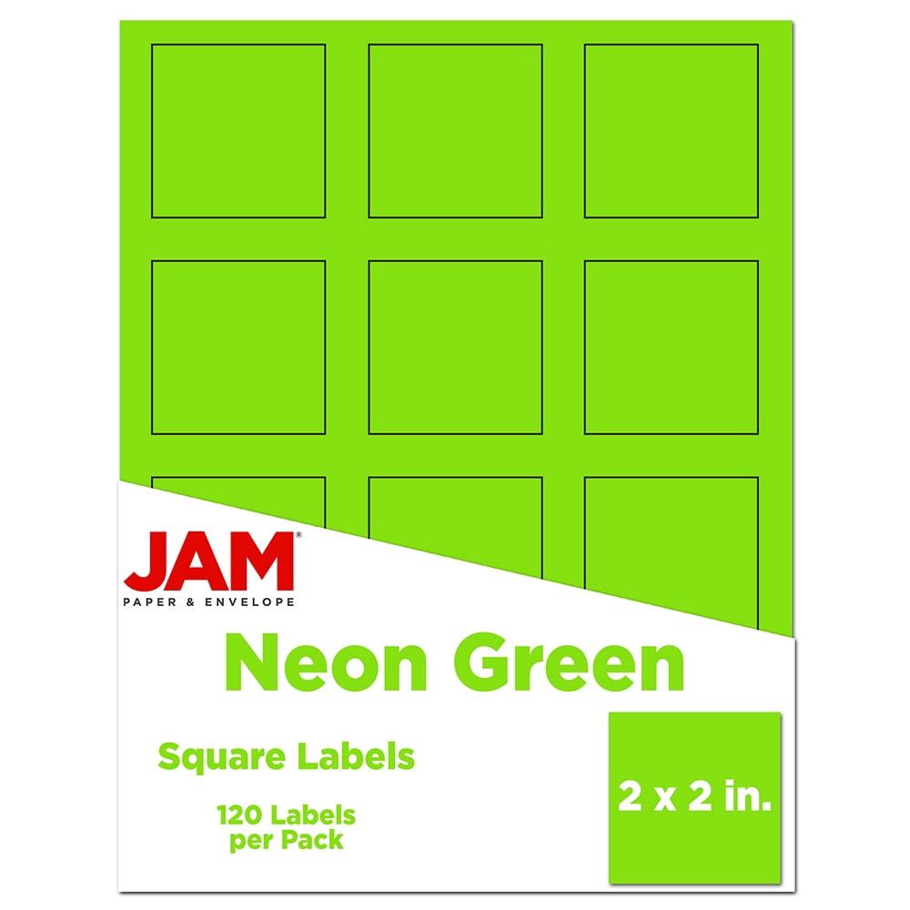 JAM Paper Square Address Labels, 2 x 2, Neon Green, 120 per Pack