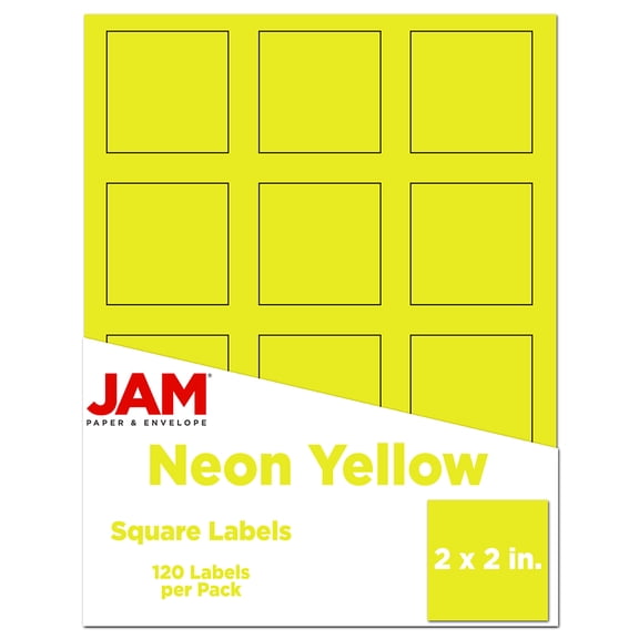 JAM Paper Square Address Labels, 2 x 2, Neon Yellow, 120 per Pack