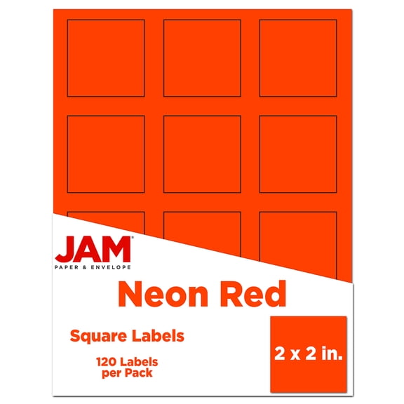 JAM Paper Square Address Labels Stickers, 2 x 2, Neon Red, 120 per Pack