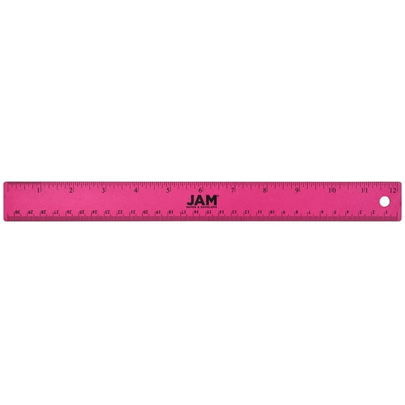 JAM Paper Stainless Steel Ruler, 12 Inch, Metal Ruler with Non-Skid Cork Backing, Fuchsia Metallic, 1/Pack