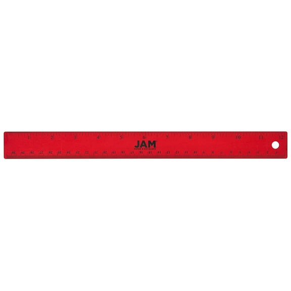 JAM Paper Stainless Steel Ruler, 12-inch, Cork Backing, Red Metallic, 1 per Pack
