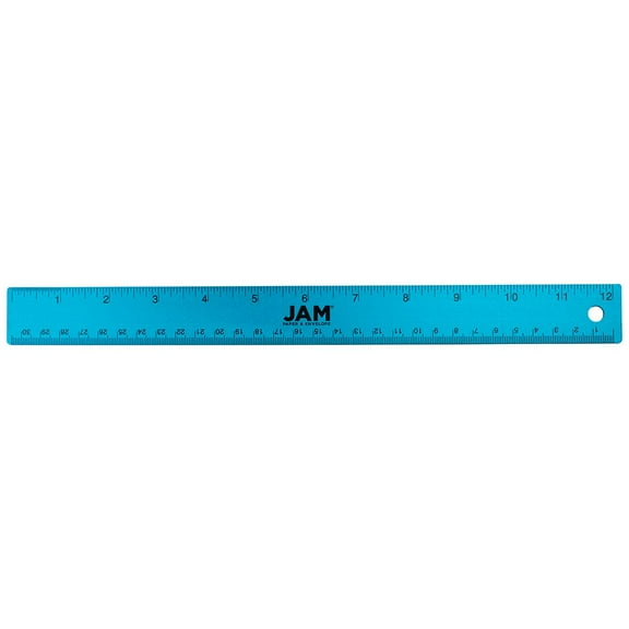 JAM Paper Stainless Steel Ruler, 12 inch, Metal Ruler with Nonskid Cork Backing, Blue Metallic, 12/Pack