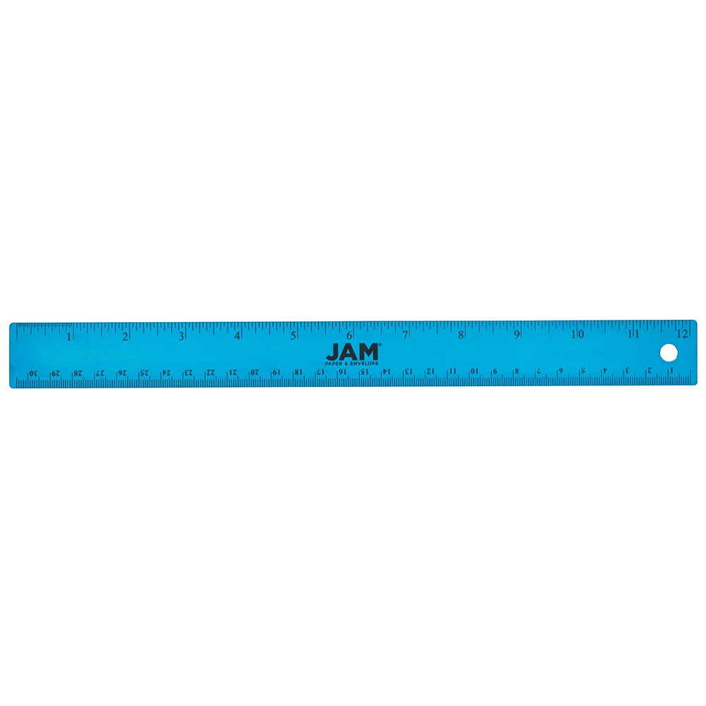 JAM Paper Stainless Steel Ruler, 12-inch, Nonskid Cork Back, Blue Metallic, 1 per Pack