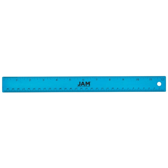 JAM Paper Stainless Steel Ruler, 12-inch, Nonskid Cork Back, Blue Metallic, 1 per Pack