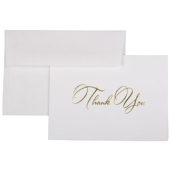 JAM Paper Thank You Card Sets, Bright White Cards with Gold Scrpit, 100/Pack