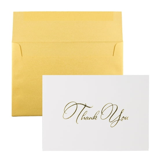 JAM Paper Thank You Card Sets, Gold Script with Gold Metallic Envelopes, 25/Pack