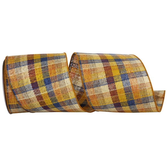 JAM Paper Tonal Stitched Country Plaid Wired Edge Ribbon, Sienna, 4in x 10yd, 1 per Pack