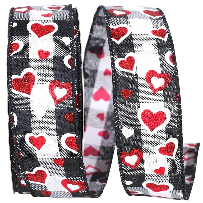 Red Glitter Hearts on White Wired Ribbon - Multi