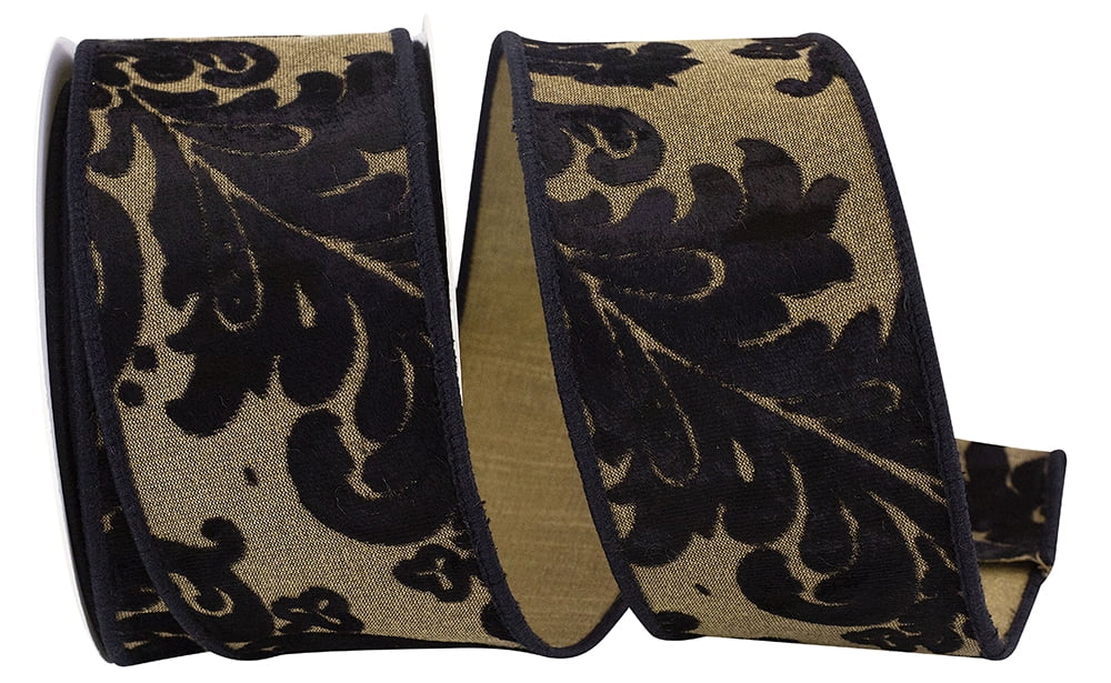 JAM Paper Velvet Cutout Deluxe Filigree Dupioni Ribbon, Black, 2.5in x 10yd, 1 per Pack