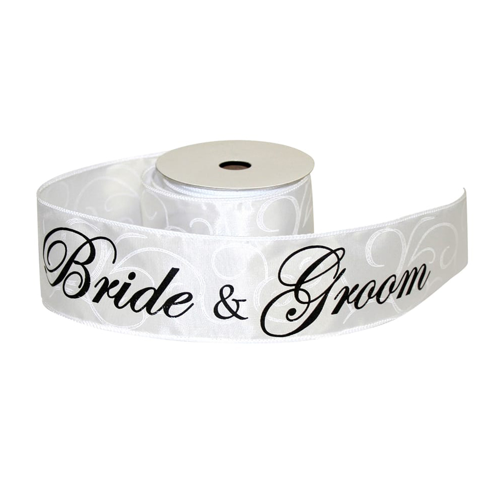 JAM Paper Wedding White Polyester Bride Groom Ribbon, 30' x 2.5"