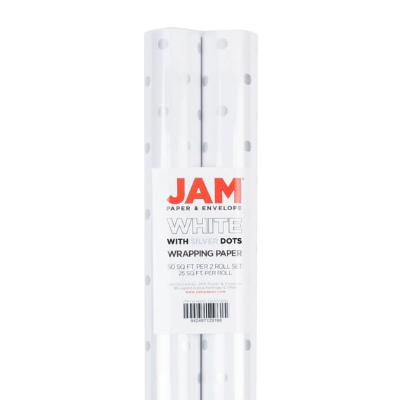JAM Paper White & Silver Wrapping Paper with Polka Dots, All Occasion, 25 Sq. ft., 2/Pack