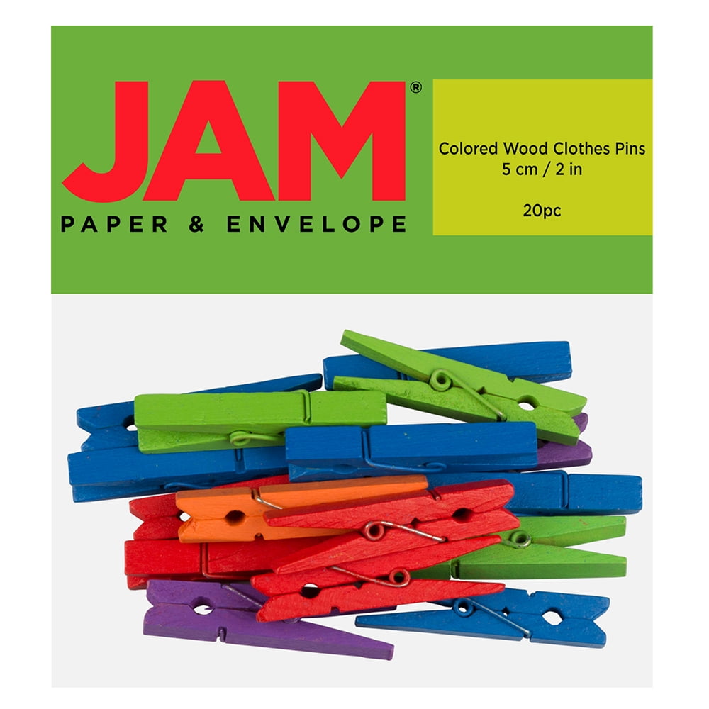 JAM Paper Wood Clothespins, Assorted Colors, Extra Large, 20/Pack