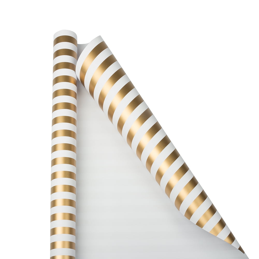JAM Paper Wrapping Paper, 25 sq ft, Gold \u0026 White Stripe, 1/Pack