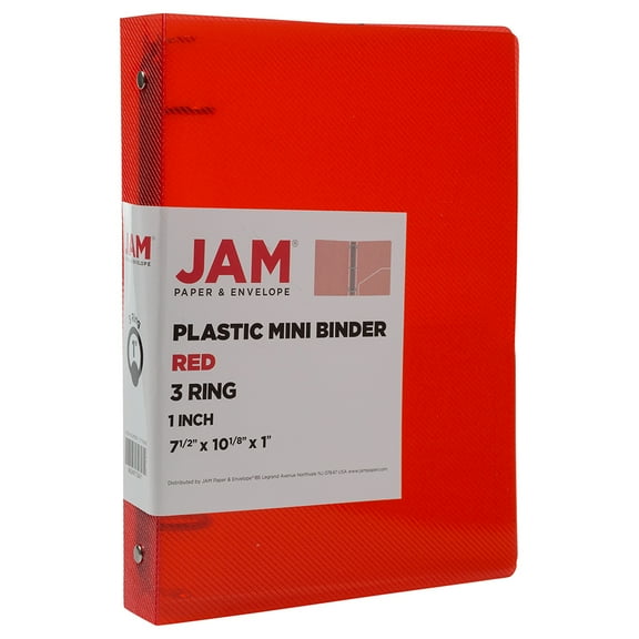 JAM Plastic 1 in Mini Binders, 3 Metal Rings, Red, Sold Individually