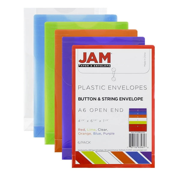 JAM Plastic Envelopes, 4.3x6.3, 6/Pack, Assorted, Button String, Open End