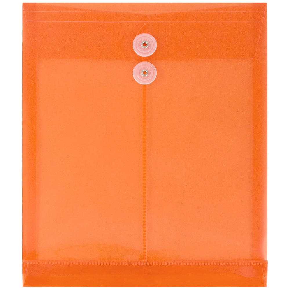 JAM Plastic Envelopes, 9.8x11.8, Orange, Button String, Letter Open End, 12/Pack