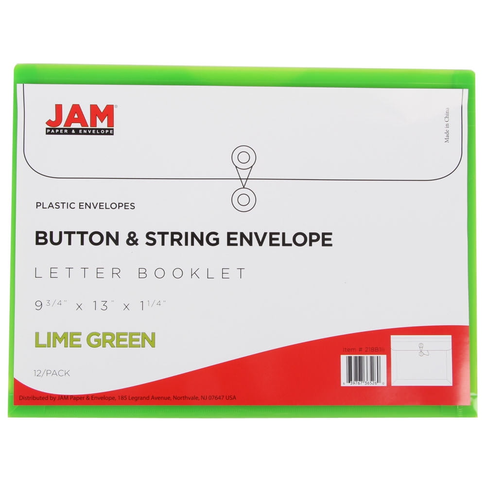 JAM Plastic Envelopes with Button & String Tie Closure, Open End, 9 3/4