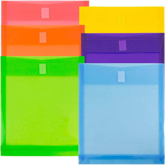 JAM Plastic Hook & Loop Envelopes, 9.8x11.8x1, 6/Pack, Assorted, 1 Inch Expansion