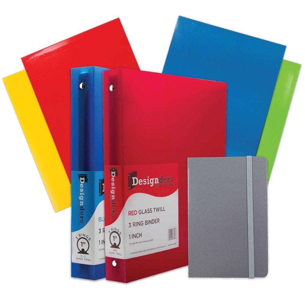 JAM School Assortment, Gray, 7/Pack, 4 Glossy Folders, 2 1 Inch Binders & 1 Gray Journal