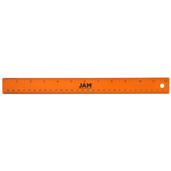 JAM Paper Stainless Steel Orange Metallic Ruler, 12 in, Cork Backing, 12/Pack