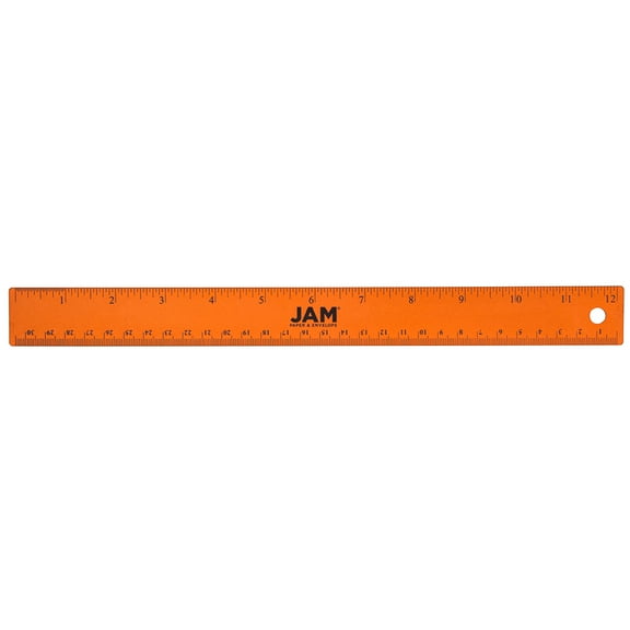 JAM Paper Stainless Steel Orange Metallic Ruler, 12 in, Cork Backing, 12/Pack